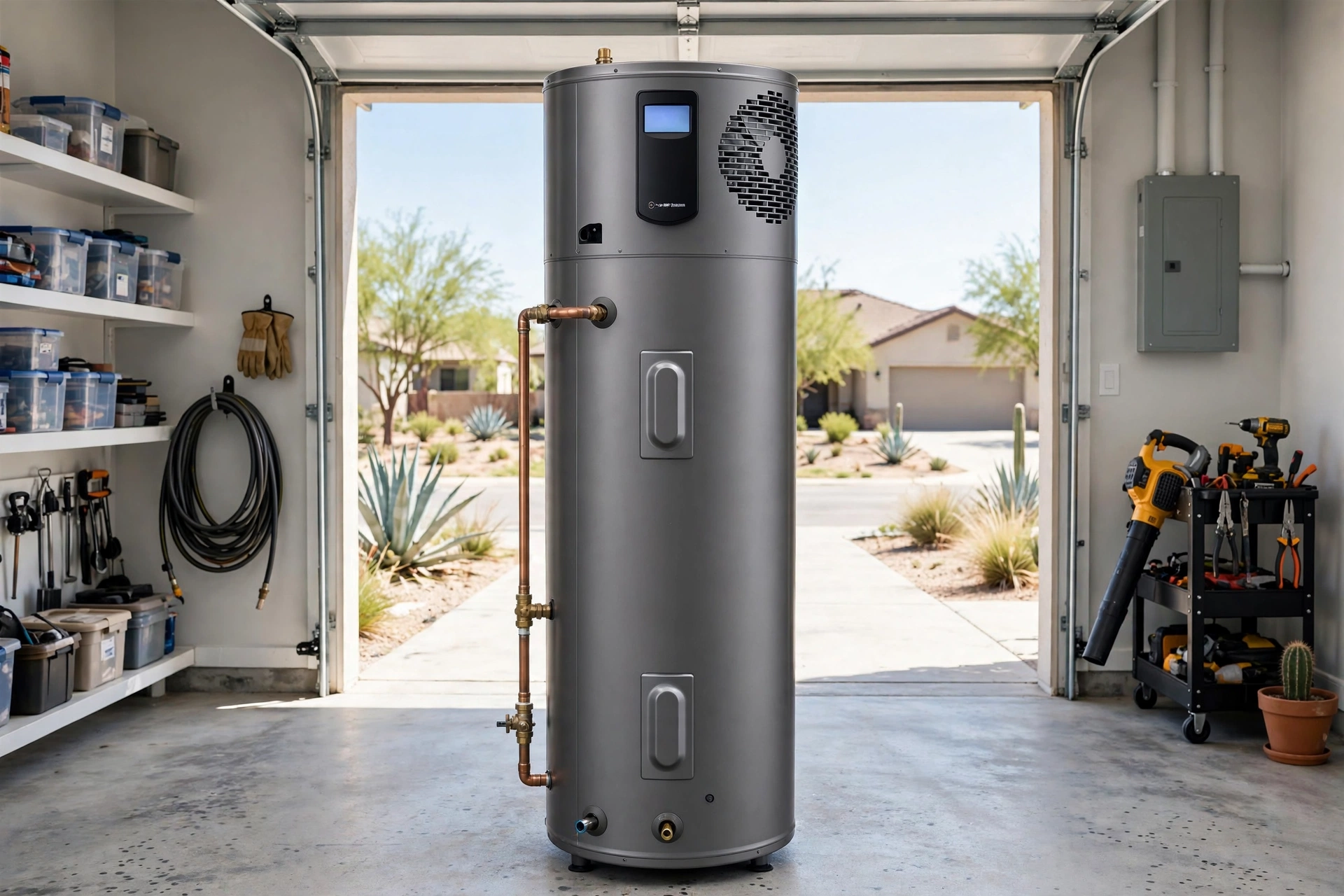Heat pump water heater eligible for Austin Energy rebates in Texas garage