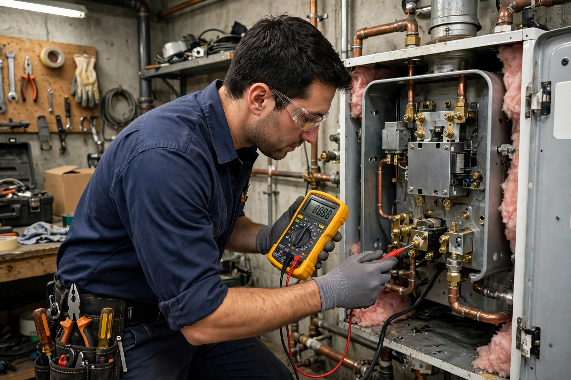 Technician testing a water heater heating element with a multimeter in Austin TX