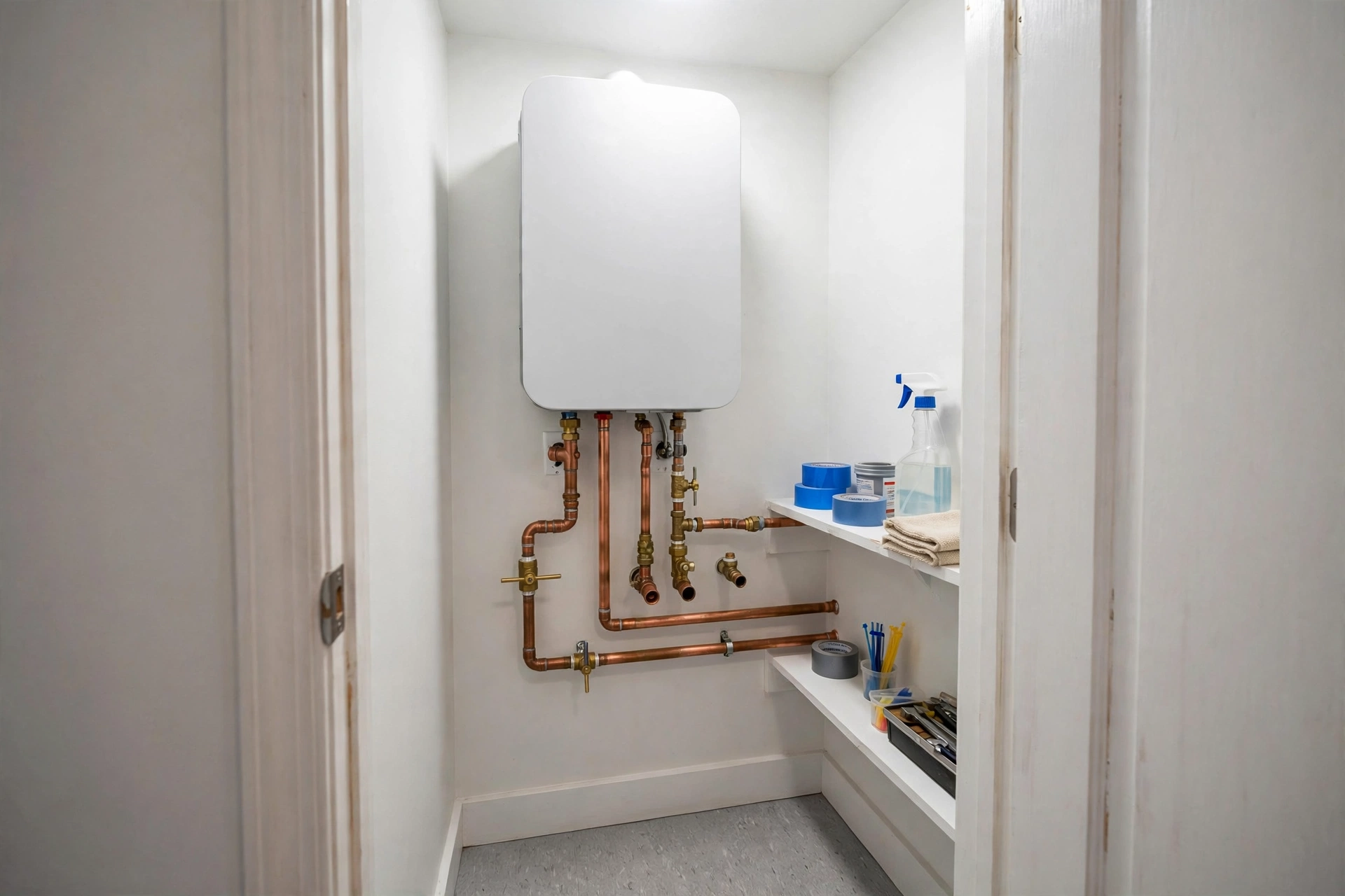 Compact wall-mounted tankless water heater saving space in a utility closet